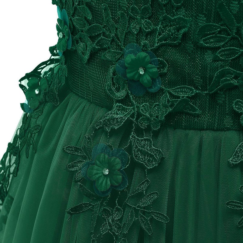 IWEMEK Big Little Girl Princess Embroidery Flower Lace Long A Line Pageant Dress Kids Floor Length Prom First Communion Bowknot Dress Puffy Tulle Ball Gown for Wedding Party Birthday Dark Green 7-8 Years - Image 5